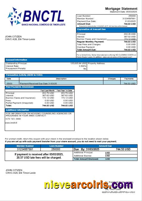 Timor-Leste BNCTL bank International mortgage statement